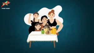 A group of women standing together in front of a table with gold coins, a jar filled with gold coins, and a dollar sign on a bundle, symbolizing financial planning tips for women.