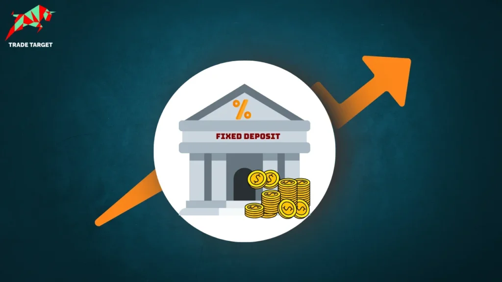 Circle with a bank, dollar coin, and fixed deposit text, with an upward arrow representing high FD interest rates.