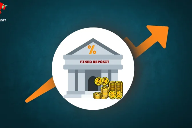 Circle with a bank, dollar coin, and fixed deposit text, with an upward arrow representing high FD interest rates.