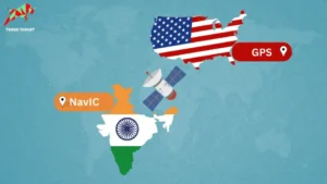 India map in Indian flag colors with NavIC label connected to a satellite clipart pointing towards the US map in US flag colors with GPS label.