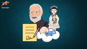 Prime Minister Narendra Modi standing with a girl holding a teddy bear and a baby lying on a bed, representing the Sukanya Samriddhi Yojana (SSY) scheme.