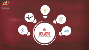 Polycab logo in a circle surrounded by five bulbs representing business segments: electric fans, LED lighting, luminaires, switches and switchgear, solar products, and conduits and accessories.