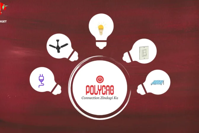 Polycab logo in a circle surrounded by five bulbs representing business segments: electric fans, LED lighting, luminaires, switches and switchgear, solar products, and conduits and accessories.