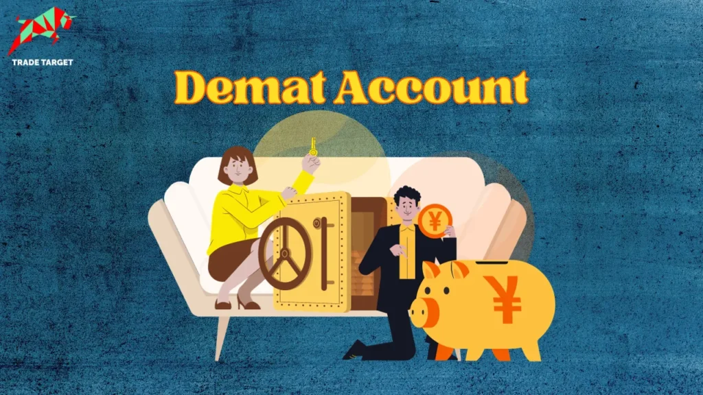 A woman sitting on a sofa holding a key near a vault, with a man next to the sofa holding a coin in front of a piggy bank, symbolizing the ease of stock trading through Demat accounts.