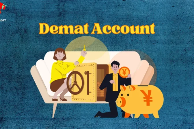 A woman sitting on a sofa holding a key near a vault, with a man next to the sofa holding a coin in front of a piggy bank, symbolizing the ease of stock trading through Demat accounts.