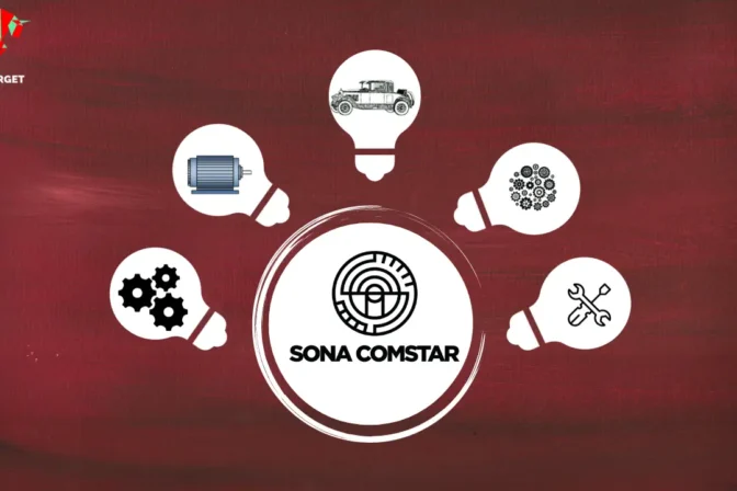 Sona Comstar logo in the center with five bulbs surrounding it, each representing different business segments including assemblies and starter motors.