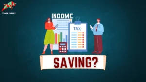 A girl and boy standing on a board with 'Saving?' written on it, holding notepads against each other, representing the concept of saving income tax.