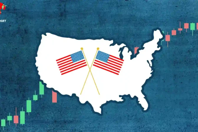 US map with two crossed American flags, representing investing in the US market from India