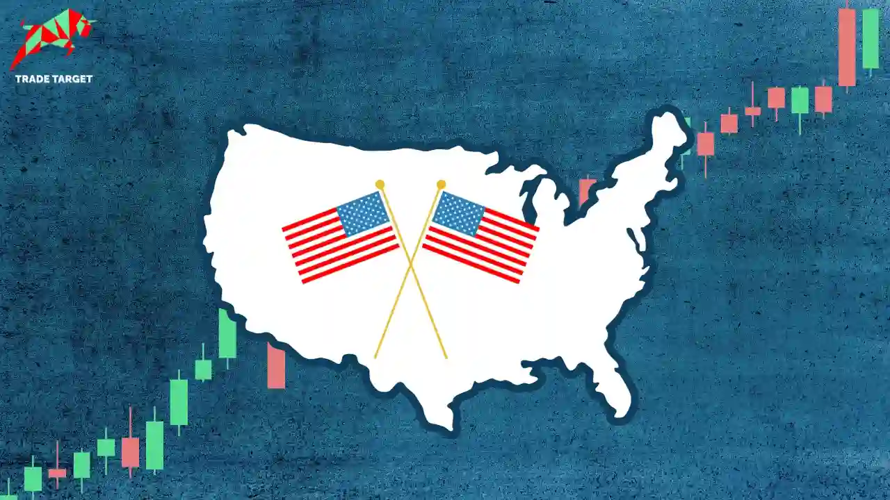 US map with two crossed American flags, representing investing in the US market from India