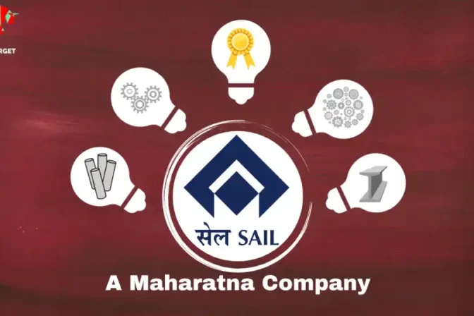 Steel Authority of India Limited (SAIL) logo in a circle surrounded by five bulbs, each representing different business segments, with a focus on crude steel production.