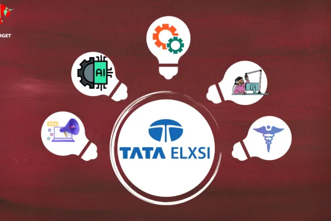 Tata Elxsi logo in a circle surrounded by five bulbs, each depicting various business segments: AI, Automotive, Media, Broadcast & Communication, and Healthcare.