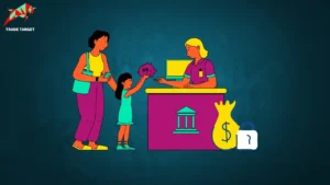A mom and her young daughter at a front desk with a receptionist taking a piggy bank from the little girl, symbolizing the concept of fixed deposits and savings.