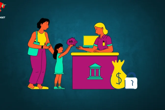 A mom and her young daughter at a front desk with a receptionist taking a piggy bank from the little girl, symbolizing the concept of fixed deposits and savings.