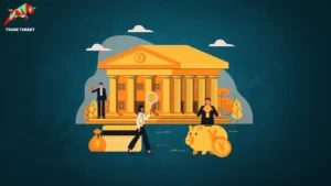 Various financial tools and symbols such as coins, piggy banks, and debit cards representing banking and fixed deposits.
