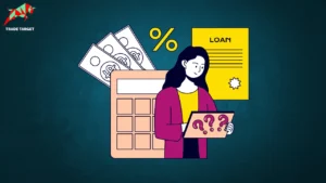 A girl holding notes with questions, standing in front of a calculator, percentage symbols, dollar currency, and loan-related documents, representing the concept of loans and how they work.