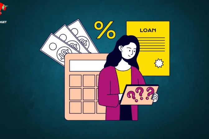 A girl holding notes with questions, standing in front of a calculator, percentage symbols, dollar currency, and loan-related documents, representing the concept of loans and how they work.