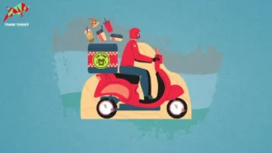 A person riding a scooter with a helmet and a box on the carrier filled with food items like pizza and coke, representing the blog's exploration of India's Quick Service Restaurants.