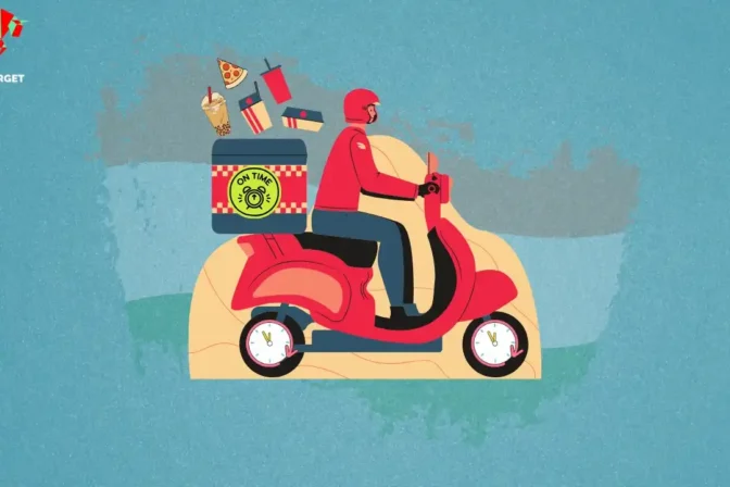 A person riding a scooter with a helmet and a box on the carrier filled with food items like pizza and coke, representing the blog's exploration of India's Quick Service Restaurants.