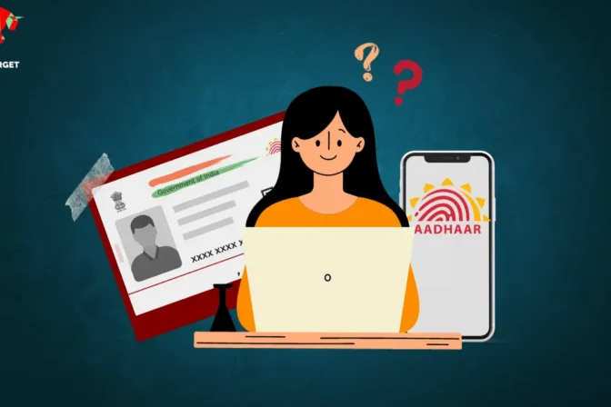 A girl sitting at a table with a laptop, a question mark beside her head, Aadhaar card in the background on the right, and Aadhaar on a mobile screen on the left.