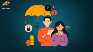 Man and woman standing against a teal background with a question mark above the woman's head and an umbrella protecting them, symbolizing insurance coverage.
