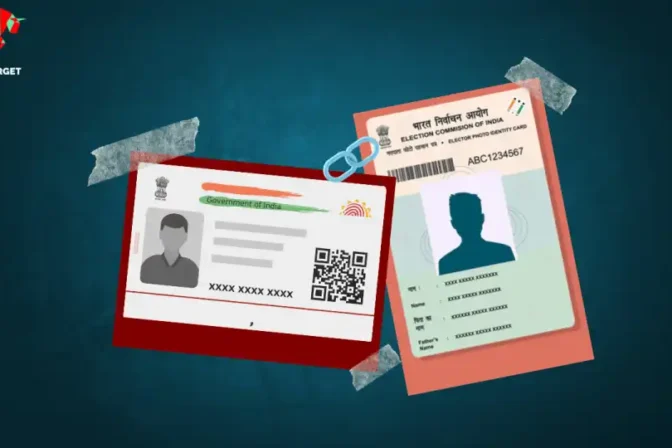 A sample Aadhaar card pinned to a teal background alongside a Voter ID card, symbolizing the process of linking Aadhaar with Voter ID.