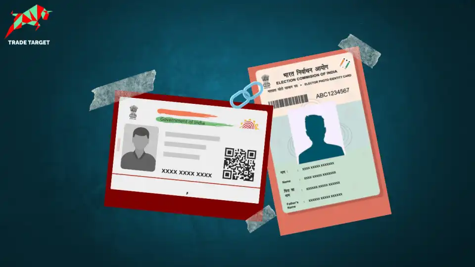 A sample Aadhaar card pinned to a teal background alongside a Voter ID card, symbolizing the process of linking Aadhaar with Voter ID.