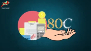 Circle with notes on taxes, paid, calculator, gold coin, and a hand holding '80C' representing Section 80C tax benefits.