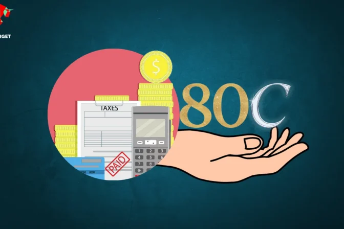 Circle with notes on taxes, paid, calculator, gold coin, and a hand holding '80C' representing Section 80C tax benefits.