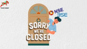 A person looking behind a closed door with NSE and BSE logos beside him, indicating that BSE and NSE are closed today for Diwali.