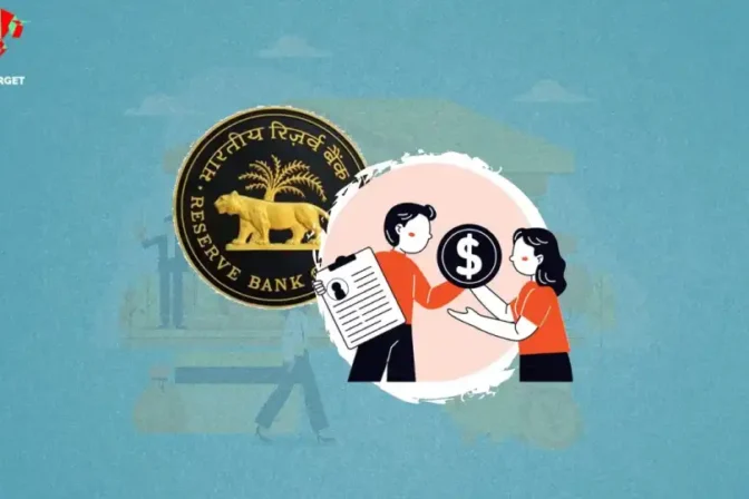 RBI logo with two people exchanging a dollar and a document, representing new strict rules for personal loans and credit cards.