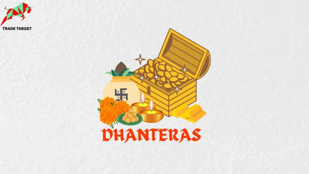 A box of gold coins alongside gold biscuits, a kalash, a deepak, sweets, and flowers, symbolizing auspicious investments for Dhanteras 2024.