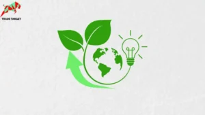 A green globe surrounded by leaves, with a light bulb on one side and an upward curved arrow at the bottom.