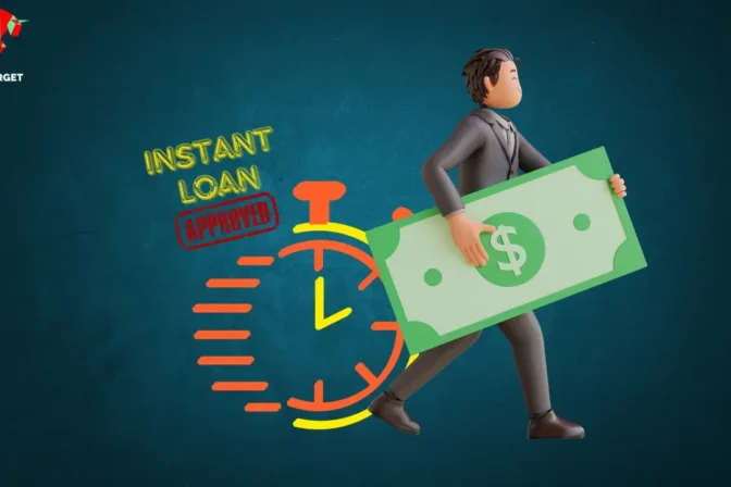 A person walking with a currency note in hand, with a clock clipart in the background. The clock has the text 'Instant Loan Approved' above it, symbolizing quick loan approval.