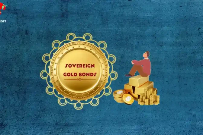 A person sitting on a pile of gold biscuits, staring at a circle with 'Sovereign Gold Bond' written inside it. The image represents helping investors make informed decisions about SGBs, highlighting their security, technological benefits, and the elimination of risks like theft and storage.