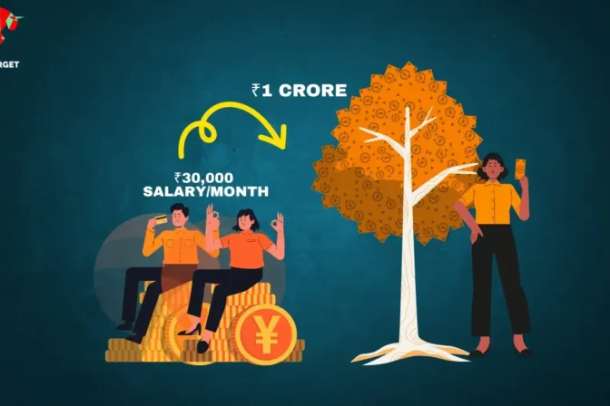 Two people sitting on a pile of coins, representing a monthly salary of ₹30,000. An arrow points to another image showing a large tree with a woman holding a currency note, symbolizing a growth to ₹1 crore.