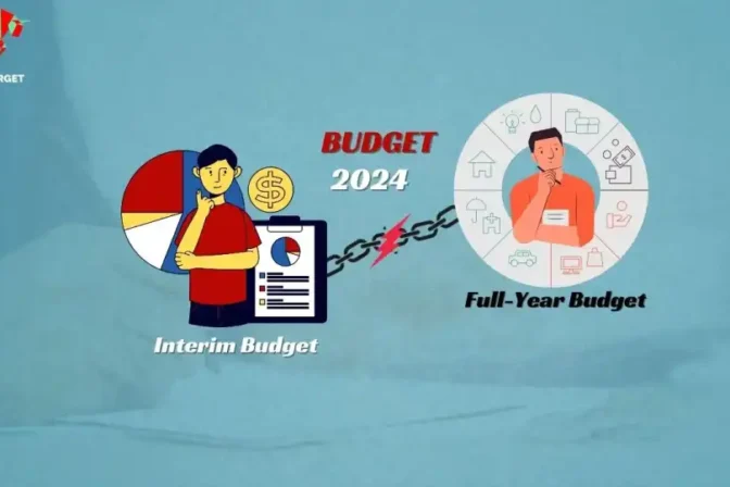 Illustration of a boy standing in the left bottom corner with a pie chart and notepad labeled 'Interim Budget' behind him, connected by a chain to the top right corner where a person is standing under a pie chart, thinking, with 'Full Year Budget' written below.