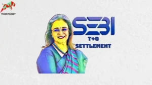 Madhabi Puri Buch, SEBI Chairperson, with the SEBI logo and T+0 settlement representing the move towards same-day trade settlements.