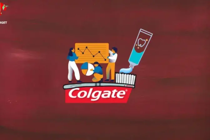 Colgate logo against a red background with a toothpaste tube and toothbrush on top, with three people holding various charts representing the fundamental analysis of Colgate.