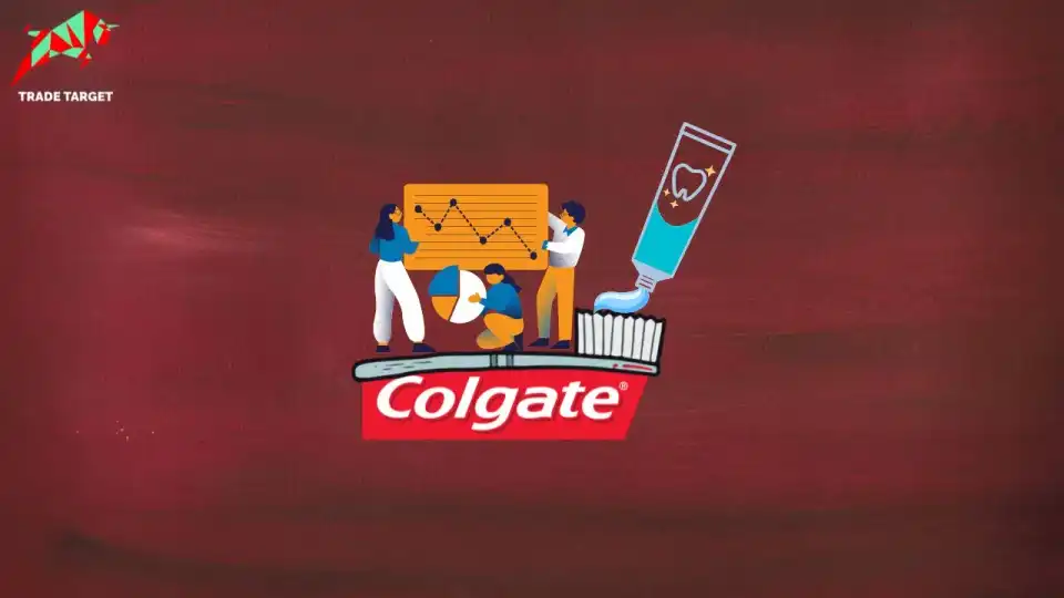 Colgate logo against a red background with a toothpaste tube and toothbrush on top, with three people holding various charts representing the fundamental analysis of Colgate.