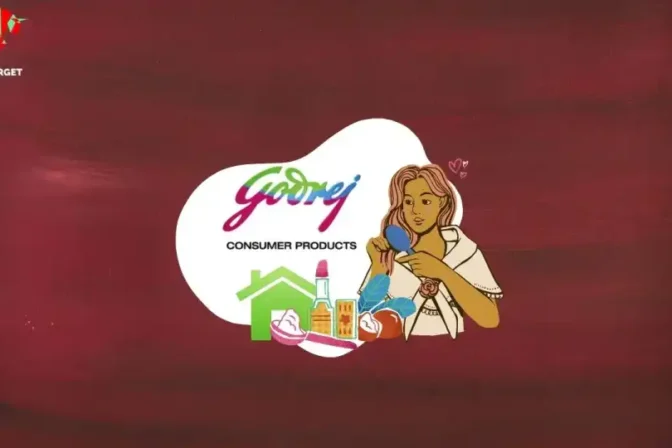 Godrej Consumer Products logo against a maroon background with a girl combing her hair and doing makeup with various cosmetic products, representing the fundamental analysis of the company.