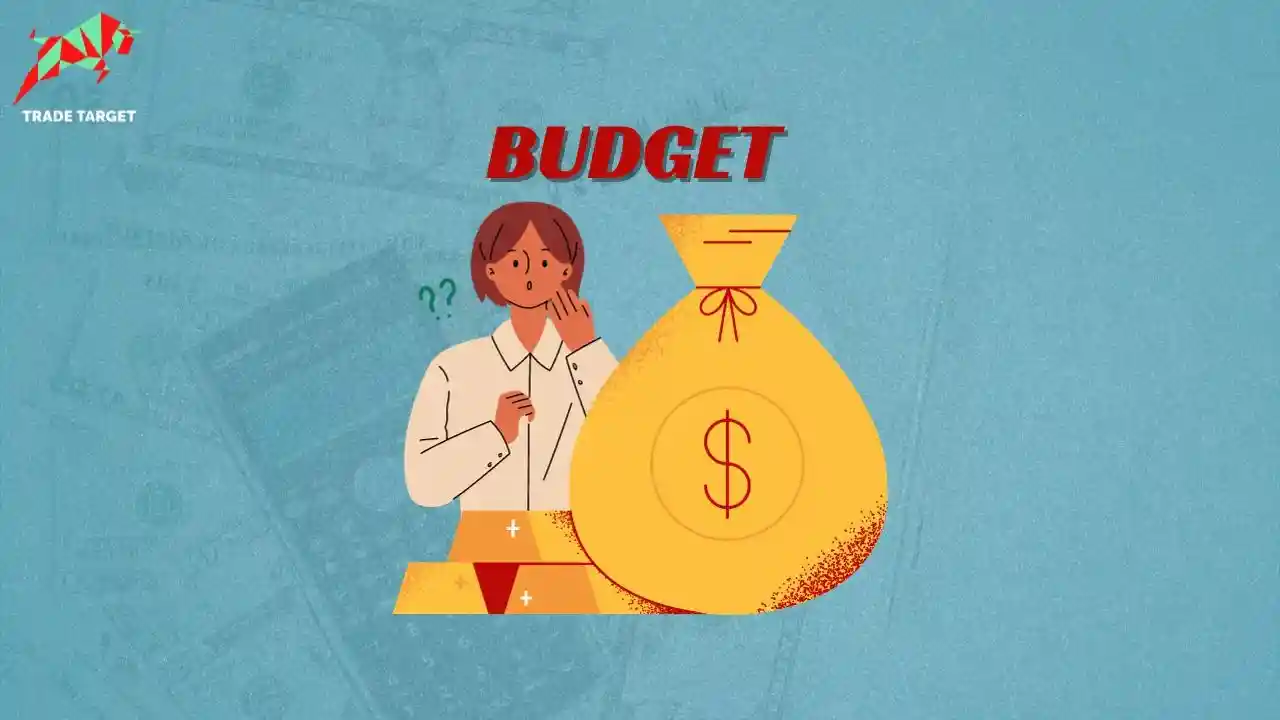 A girl standing with a money potli and gold brick, representing the budget-making process in India which starts around August-September, approximately six months before its presentation.