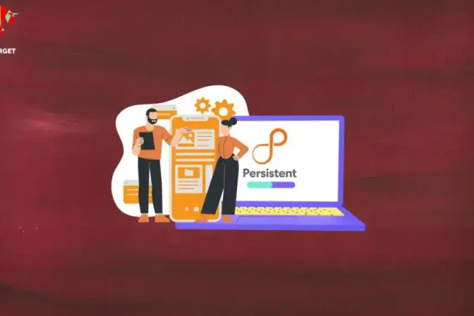 Persistent Systems logo under a laptop on a maroon background with people standing, representing the fundamental analysis of Persistent Systems