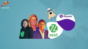 Founders of Zest: Lizzie Chapman, Priya Sharma, and Ashish Anantharaman, standing together with the Zest and PhonePe logos against a sky blue background, symbolizing the rise, fall, and unexpected challenges in Zest's business.