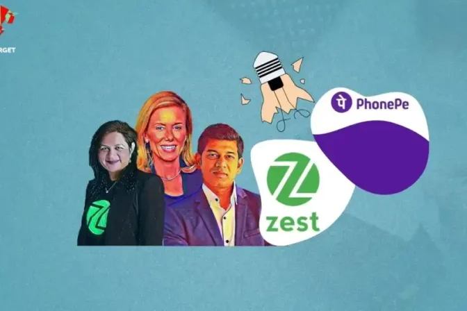 Founders of Zest: Lizzie Chapman, Priya Sharma, and Ashish Anantharaman, standing together with the Zest and PhonePe logos against a sky blue background, symbolizing the rise, fall, and unexpected challenges in Zest's business.