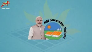 PM Modi promoting the Pradhan Mantri Suryoday Yojana, an initiative to install rooftop solar panels on one crore households across India, with a sky blue wallpaper background.