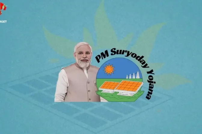 PM Modi promoting the Pradhan Mantri Suryoday Yojana, an initiative to install rooftop solar panels on one crore households across India, with a sky blue wallpaper background.