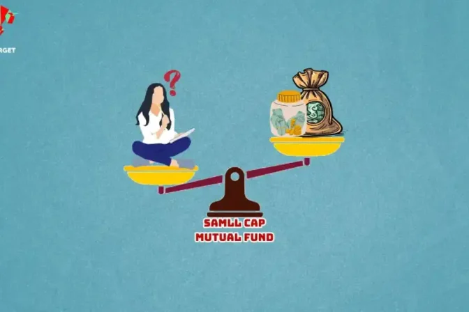 A girl on one side of a balance scale, with money, a bottle, and a potli on the other, labeled 'Small Cap Mutual Fund.'