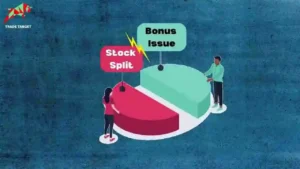 Two people standing opposite each other holding two sides of a pie chart, one labeled 'Stock Split' and the other labeled 'Bonus Issue'.