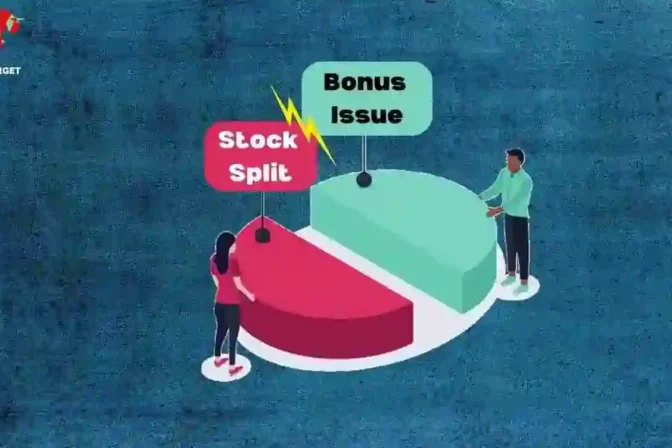 Two people standing opposite each other holding two sides of a pie chart, one labeled 'Stock Split' and the other labeled 'Bonus Issue'.