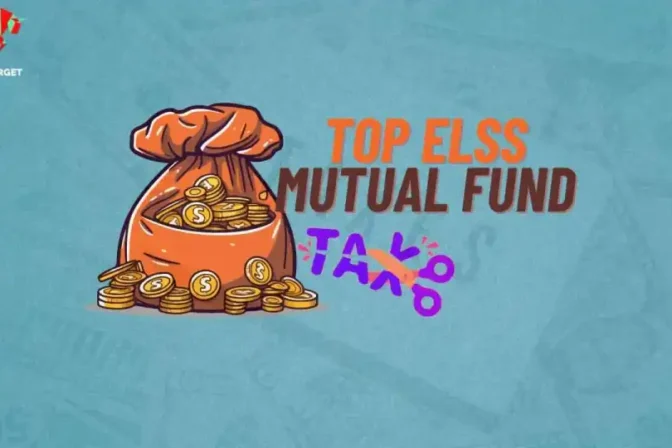 A money-filled potli against a sky blue wallpaper with the text 'Top ELSS Mutual Funds' beside the potli, and a pair of scissors cutting the word 'Tax,' representing the best ELSS mutual funds for tax savings and wealth growth. Be patient and give your investments time to perform.